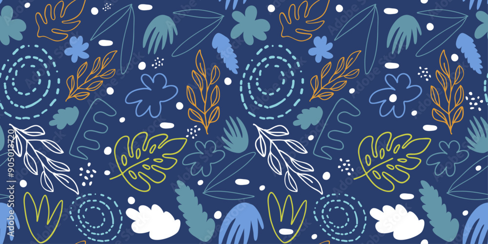 Aufkleber Drawn pattern of leaves and branches, abstract style. Blue background and decorative leaves and flora.