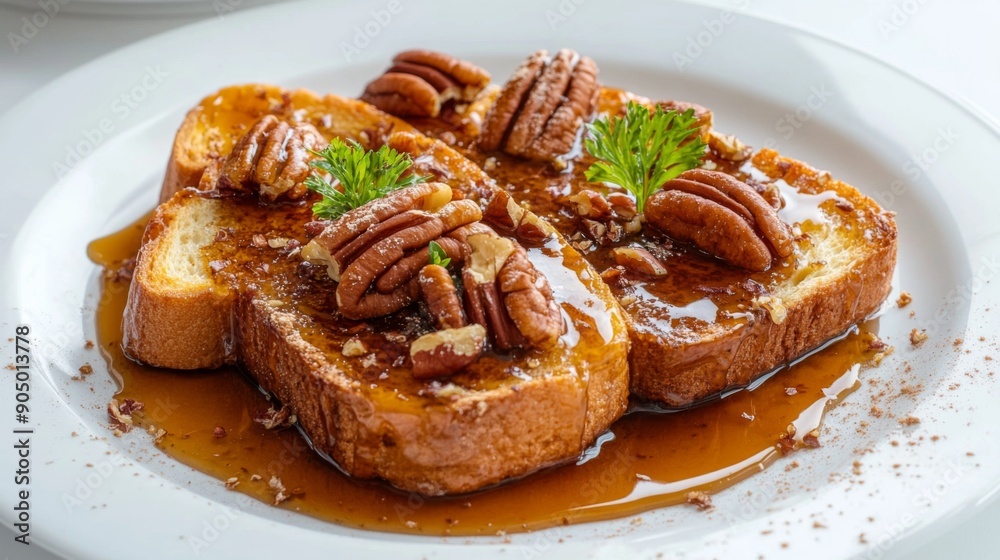 Poster a gourmet plate of honey toast with caramel sauce and pecans, shot from a top-down perspective on a 