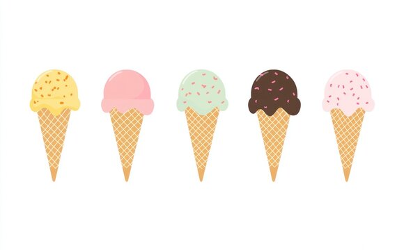 A delightful vector illustration set of various ice cream cones with toppings in a playful cartoon style. Generative ai