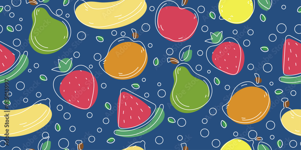 Poster dark background and bright and flat fruits. seamless kitchen or picnic pattern, for notebooks and sk