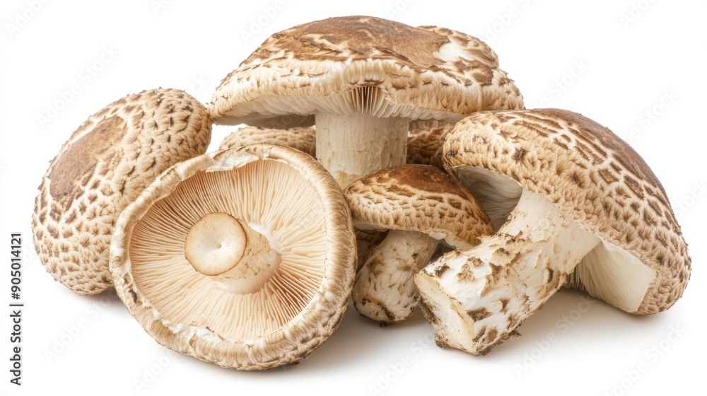 Poster A group of Matsutake mushrooms with their distinct shapes and patterns, isolated on a white background.