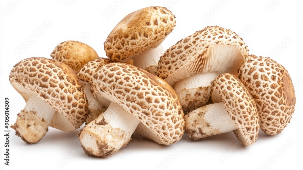 Poster A group of Matsutake mushrooms with their distinct shapes and patterns, isolated on a white background.