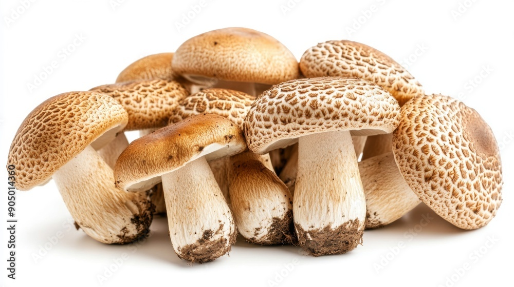 Poster A group of Matsutake mushrooms with their distinct shapes and patterns, isolated on a white background.