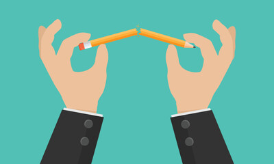 Two hands breaking an orange pencil. Businessman releasing tension by breaking a pencil. Vector illustration