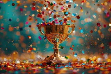 Golden trophy with confetti. Perfect for celebrations of success and achievement.