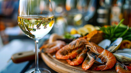 Glass of white wine with seafood platter