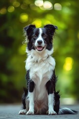 Fototapeta premium Portrait of a black and white dog sitting on a path with a beautiful bokeh background in the park. Generative ai