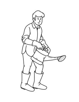 recommend clip art: Man with watering can in hands doodle illustration. Watering plants, in garden or vegetable garden. Agricultural working people tending garden. Vector outline illustration.