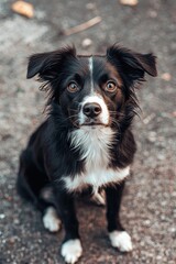 Fototapeta premium Portrait of a black and white dog sitting on the ground with attentive eyes and evening light in the background. Generative ai