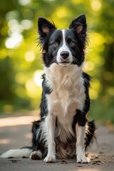 Portrait of a black and white dog sitting on the ground with attentive eyes and evening light in the background. Generative ai