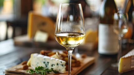 Glass of white wine with a selection of cheeses