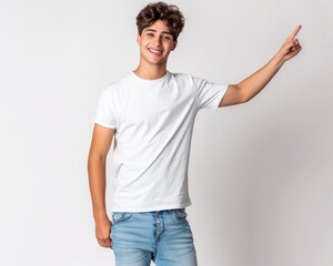 Young smiling man 25 years old, athletic build. dressed in a white T-shirt and jeans. points a finger to the right. in full height. White background.