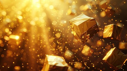Golden cubes float in a shimmering light. Perfect for representing luxury, success, or wealth.