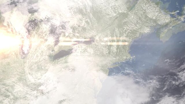 Earth zoom in from space and focus on Ithaca, New York, USA. Background for travel intro or blog. Satellite view. 3D style Animation. Images from NASA.