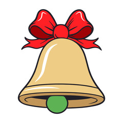 A golden bell with a large red bow, representing a Christmas or holiday decoration