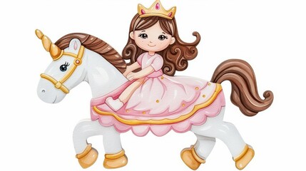 Whimsical princess rides a toy horse in this delightful watercolor art, perfect for your childs nursery decor.