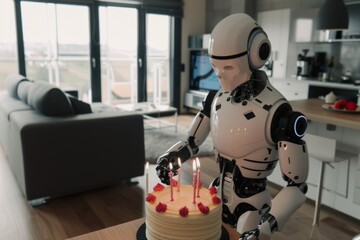 Humanoid robot is celebrating a birthday, 2 candles are on the cake,.