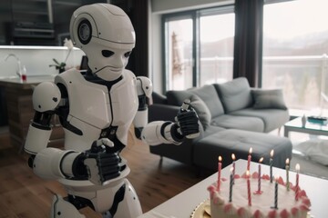 Humanoid robot is celebrating a birthday, 2 candles are on the cake,.
