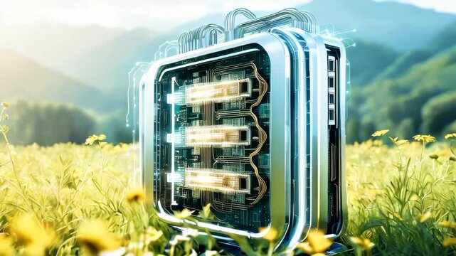 A futuristic quantum computer standing in a sunlit whimsical meadow. Concept of technology in harmony with nature.