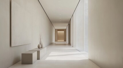 A minimalist hallway with a single piece of art and clean, uncluttered lines.