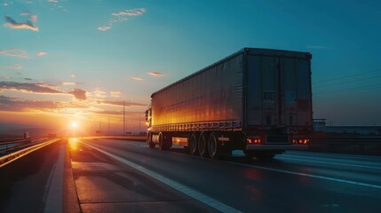 Large freight truck driving on a highway at sunset.