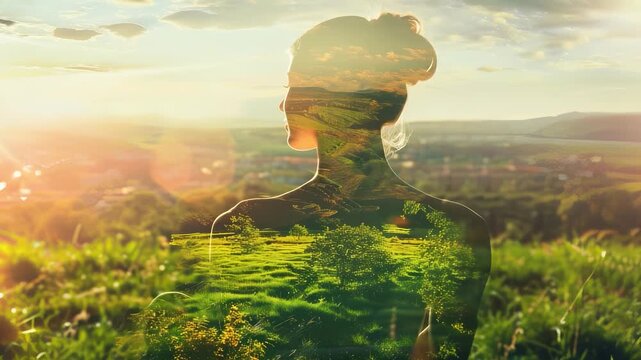 composite silhouette woman in front countryside. Portrait young adult. Tranquility, freedom, and wellbeing concepts. Ethereal, dreamlike with dramatic sky. Relaxation and joy.