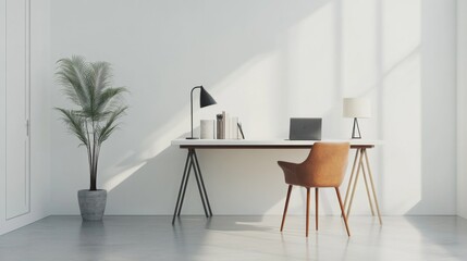 A minimalist home office with a large desk, a comfortable chair, and no unnecessary items.