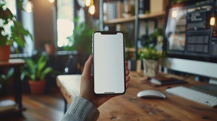 A detailed view of a hand holding a smartphone with a blank screen, showcasing an office environment rich in green plants and modern design elements in the background.