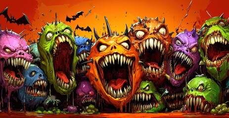 A vibrant collection of cartoon monsters with exaggerated features, ready to add a playful fright to any design.