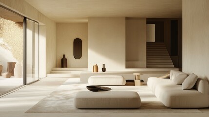 A minimalist living room with a neutral color palette, a few decorative elements, and plenty of open space.