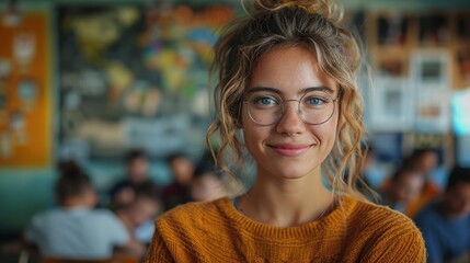 A young woman wearing glasses and an orange sweater smiling warmly in a classroom setting, with students blurred in the background, embodying intelligence and amiability.