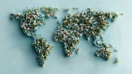 A vibrant world map created with colorful flowers, symbolizing nature's beauty and global unity.