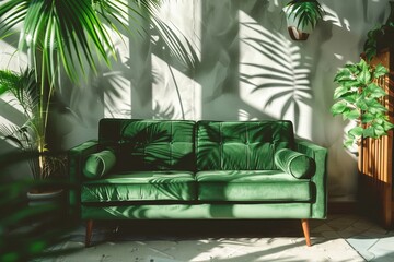 there is a green sofa in the room, and next to it are green palm leaves