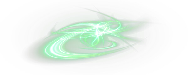 Vector png background with green glowing lines. Green glowing lines of speed. Light glow effect. Light trail wave, fire trail line and glow curve swirl.