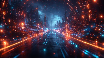Fototapeta premium Vibrant Neon Cityscape With Digital Pathway Illuminated by Bright Lights at Night