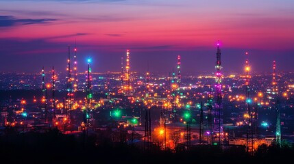 A panoramic view of a city with multiple signal towers lit up in different colors.