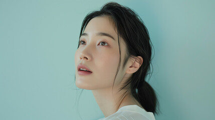 Asian Woman in Light Pastel Tones, Looking Upward