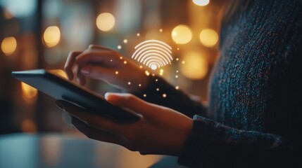 A person using a tablet with a wireless connection symbol overlaying the screen.