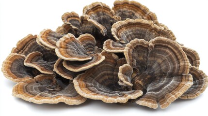 A pile of fresh turkey tail mushrooms, showcasing their natural textures and colors on a white background.