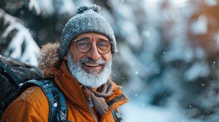 Fototapeta premium An elderly man with glasses and a grey beanie is shown smiling, clad in an orange jacket, while hiking in a snowy landscape, evoking warmth and resilience.