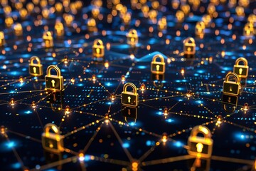 Fototapeta premium Network of blue digital locks on a dark field, depicting robust cybersecurity across vast digital landscapes.