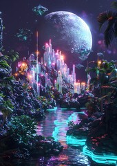 A surreal planet with glowing crystalline forests, neon rivers, and floating holographic islands, all illuminated by a cyberpunk moon.