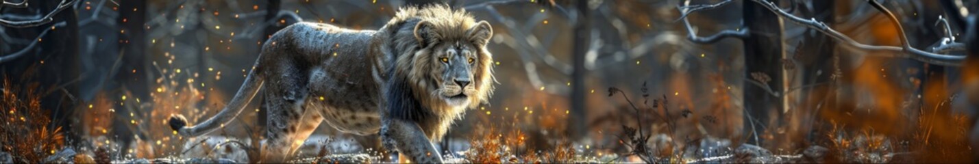 Fototapeta premium Lone Wild Lion in an Abstract, Dramatic Night Forest Scene: A 3D Rendered Isolation Illustration on a Theatrical Backdrop.