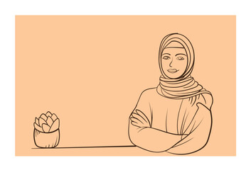 cartoon feminime muslimah with flower illustration with text copyspace for advertising background 