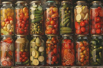 A row of glass jars filled with preserved vegetables. A perfect image for illustrating themes of food preservation, rustic charm, and the simple pleasures of homegrown produce.