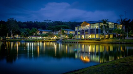 Obraz premium Illuminated Tech Park Skyline at Twilight: Serene Urban Oasis Reflecting Modern Architecture in Tranquil Waters. Innovative Business Hub Showcasing Nighttime Brilliance, Perfect for Tourism and Vacat
