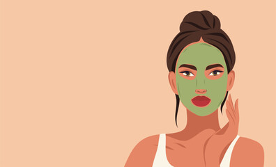 Ideal skin results. Facial cleansing, toning, creamy green mask. A beautiful woman takes care of her facial skin. Vector flat illustration for text, advertising, website, banner, posters, cover, flyer