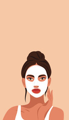 Ideal skin results. Facial cleansing, toning, creamy white mask. A beautiful woman takes care of her facial skin. Vector flat illustration for text, advertising, website, banner, posters, cover, flyer