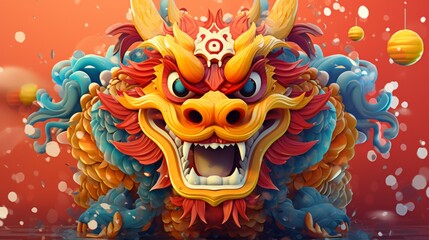 Obraz premium Colorful chinese new year traditional dragon portrait. Neural network ai generated art