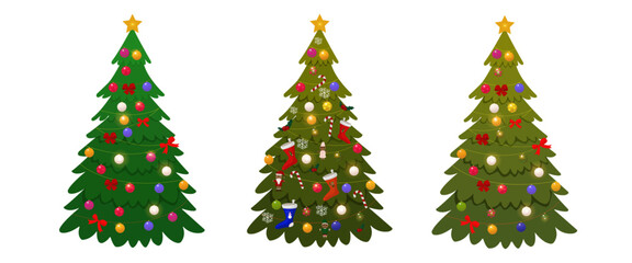 Beautiful and colorful Christmas trees for the new year, Christmas. Festive trees decorated with balls, garlands, bows, socks, gingerbread and cones. Vector set illustration